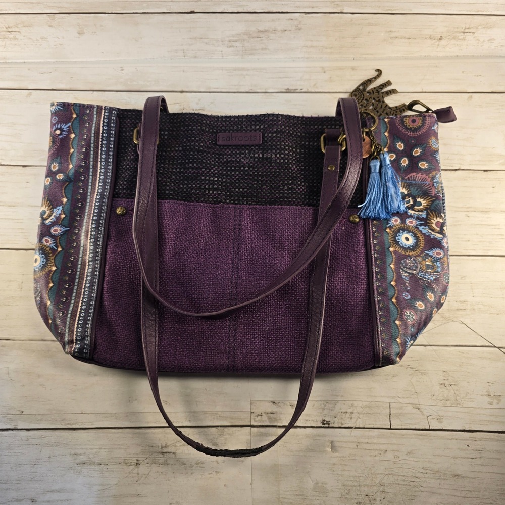 Sakroots Purple Canvas Tote Bag Elephant Charm Boho Mandala Print Shoulder Bag